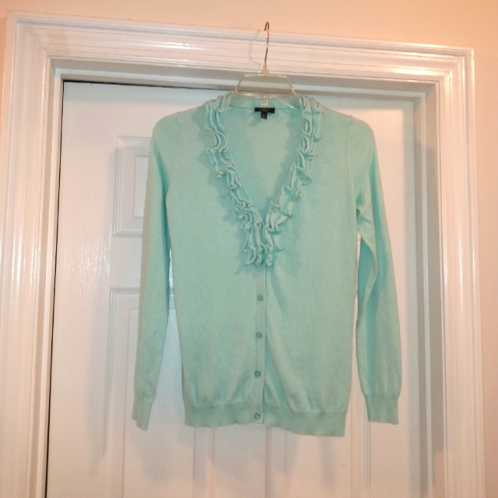 Talbots Vtg Green Wool cotton Ruffle cardigan size small petite